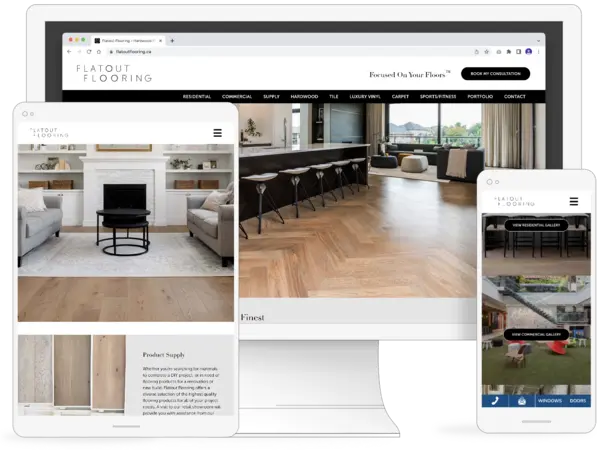 Example of a client website in desktop, tablet, and mobile for Flatout Flooring