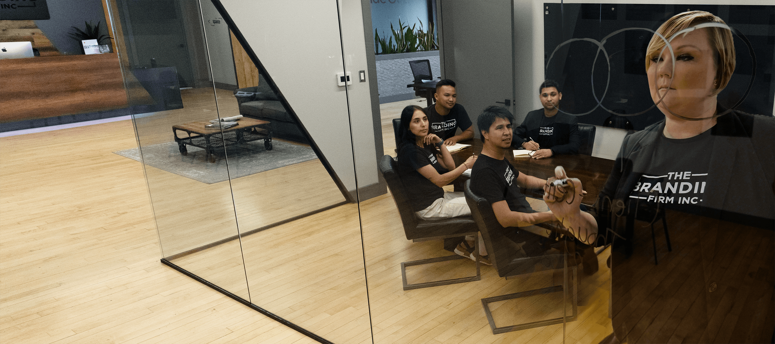 A view of The Branding Firm Inc. collaborating with each other